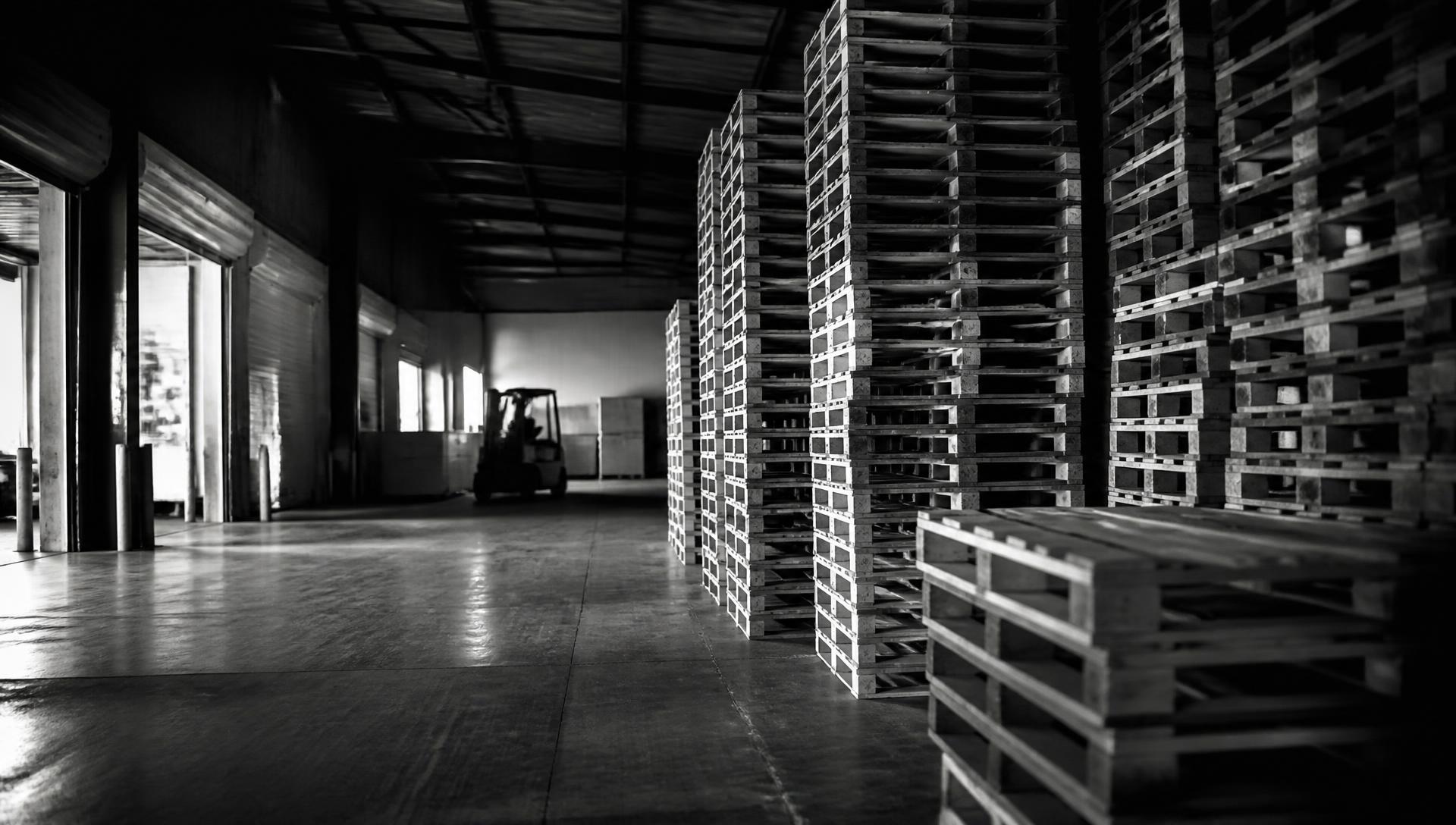 Stacks of wooden pallets inside an industrial warehouse