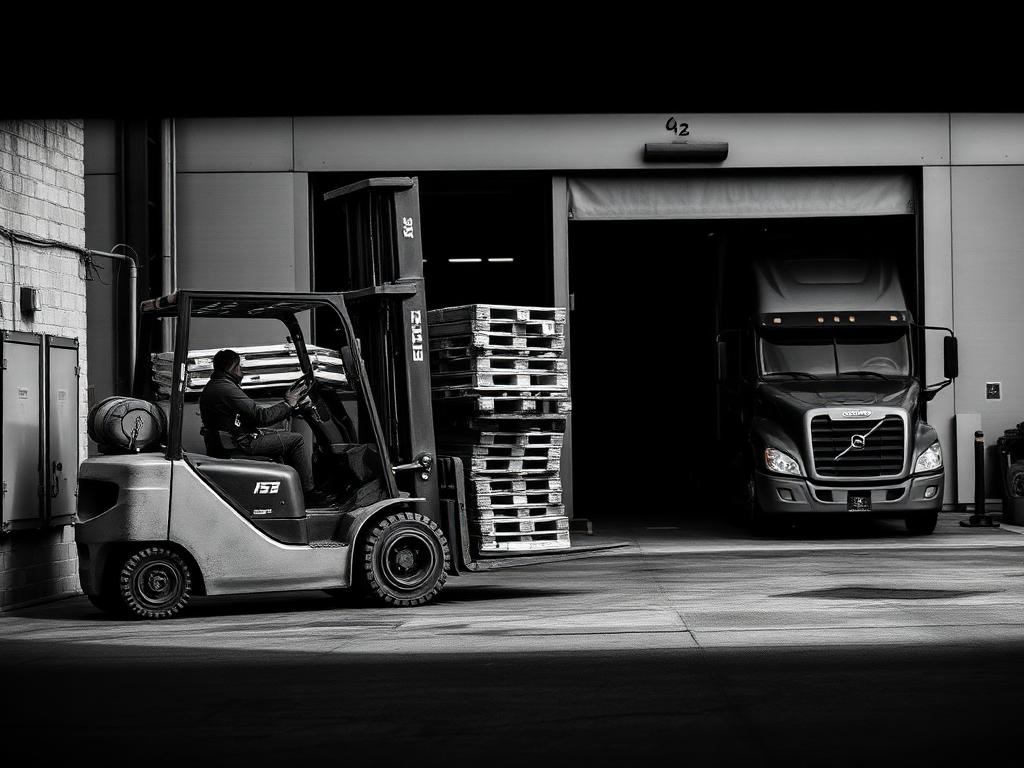 Forklift moving pallets at a truck loading dock